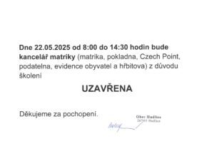 plakát na úpravu úředních hodin 22.5.2025