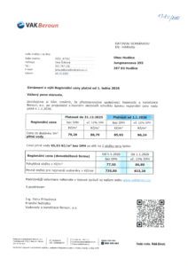 dokument oznámení o výši Regionální ceny pitné vody od 1.1.2026